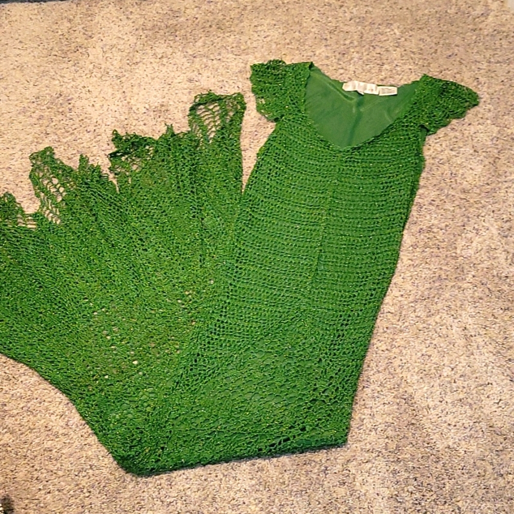 Vintage Crochet Long Green and Metallic Gold Dress - Size: S, Colors: Green/Gold